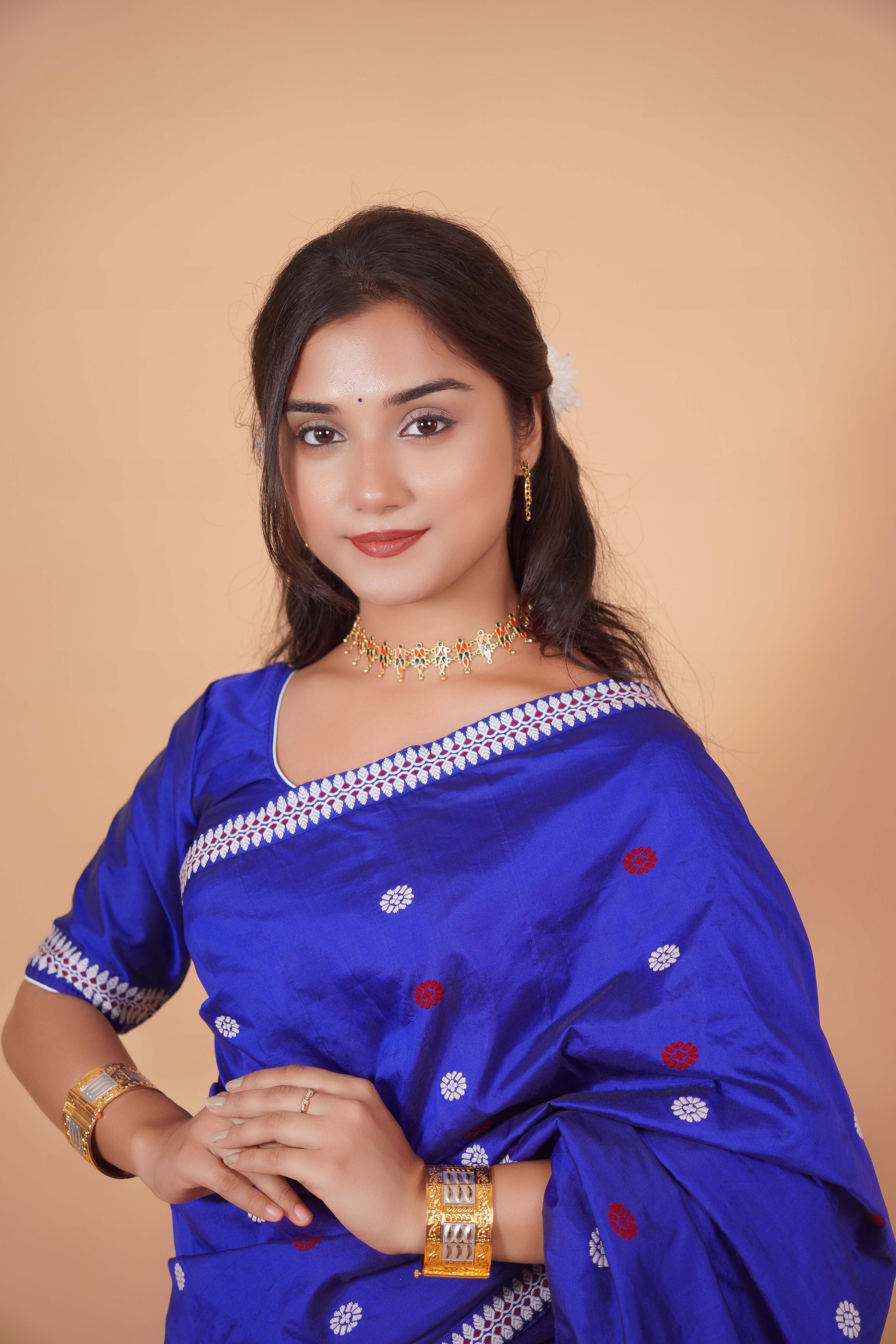 Assam Handmade Royal Blue Pat Silk Mekhela Chador